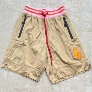 NWOT John Geiger Mens Tan Mesh Basketball Shorts Pink Waistband Chenille Logo S